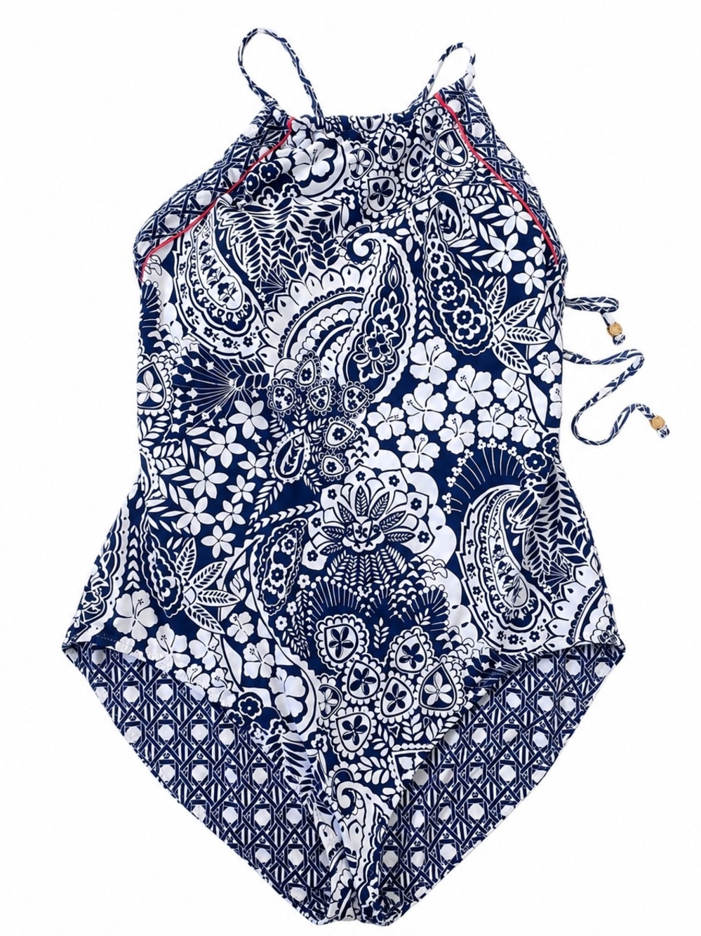 Tommy Bahama Reversible One Piece Swimsuit Halter Criss Cross Back Blue White